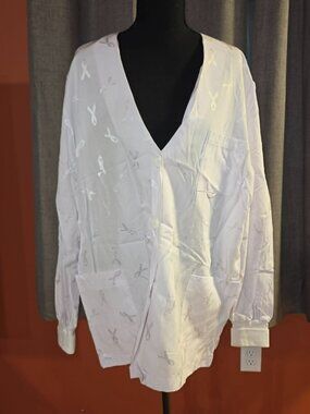 White Cross Awareness Ribbon Warm Up Scrub Jacket White Button Front